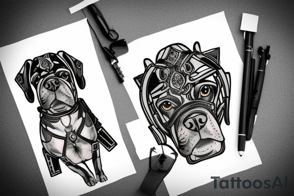 A boxer dog wearing gladiator armor tattoo idea
