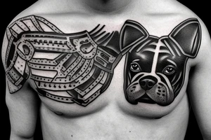 A boxer dog wearing gladiator armor tattoo idea