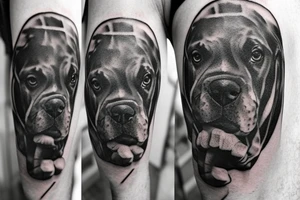 A boxer dog wearing gladiator armor tattoo idea