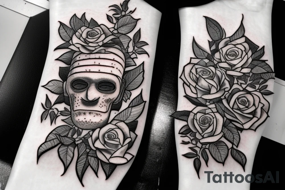 Friendly Frankenstein with roses and vines tattoo idea