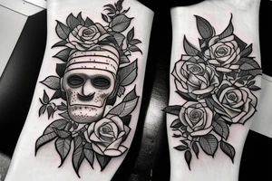 Friendly Frankenstein with roses and vines tattoo idea