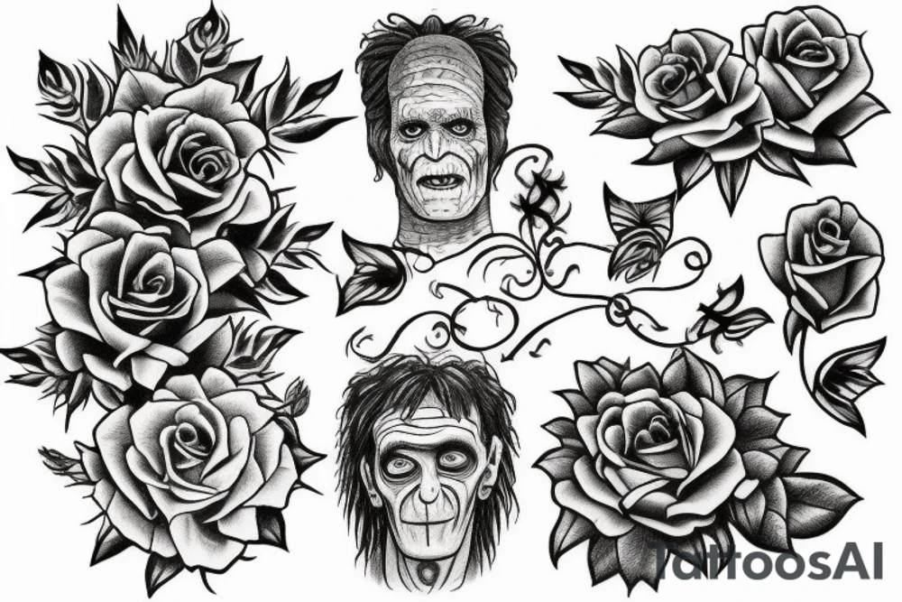 Friendly Frankenstein with roses and vines tattoo idea
