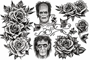 Friendly Frankenstein with roses and vines tattoo idea