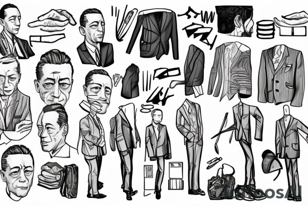 Albert Camus wearing a jacket and tie and walking on a beach tattoo idea