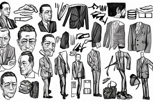 Albert Camus wearing a jacket and tie and walking on a beach tattoo idea