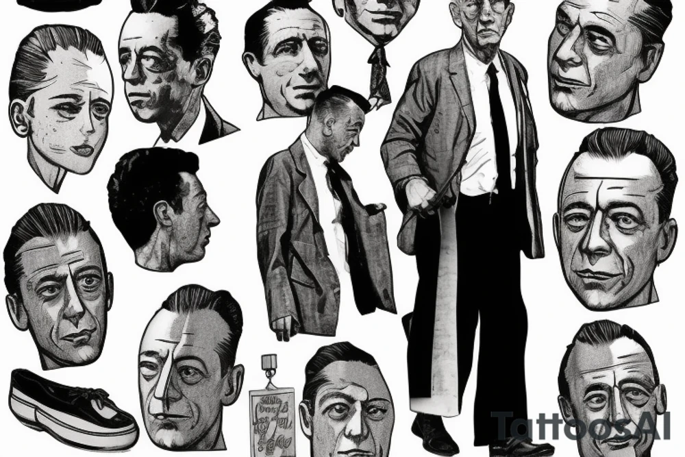 Albert Camus wearing a jacket and tie and walking on a beach tattoo idea