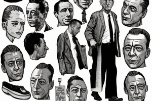Albert Camus wearing a jacket and tie and walking on a beach tattoo idea