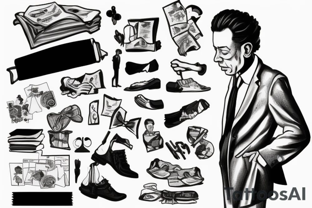 Albert Camus wearing a jacket and tie and walking on a beach tattoo idea