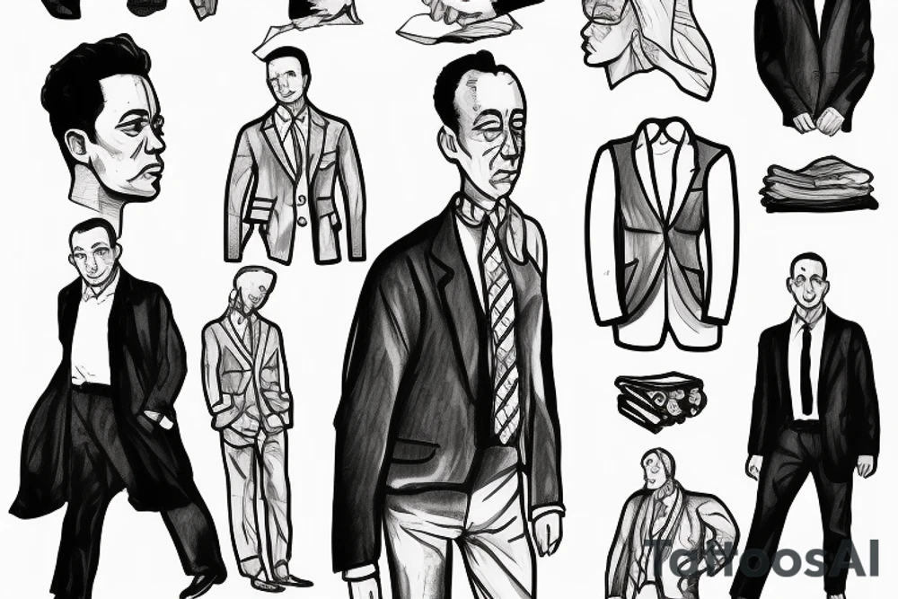 Albert Camus wearing a jacket and tie and walking on a beach tattoo idea
