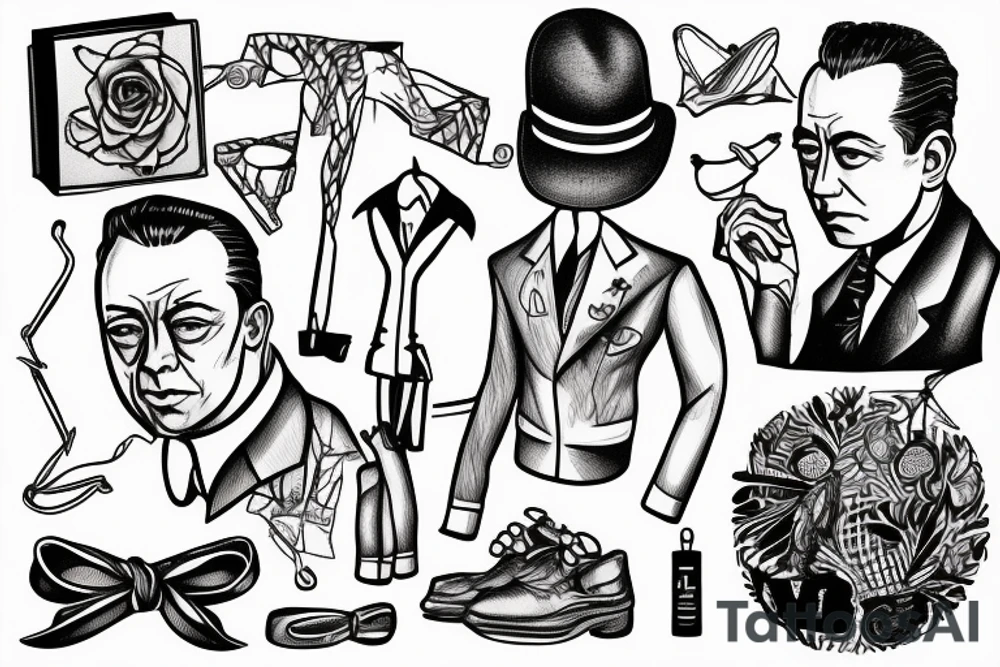Albert Camus wearing a jacket and tie and walking on a beach tattoo idea