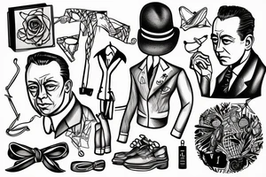 Albert Camus wearing a jacket and tie and walking on a beach tattoo idea