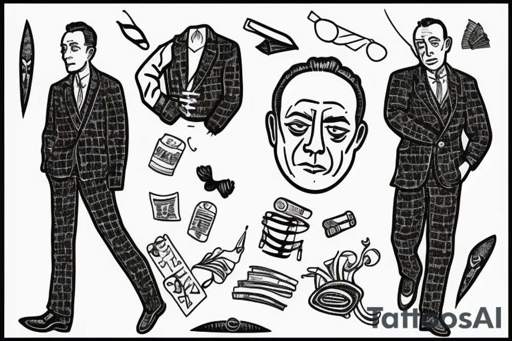 Albert Camus wearing a jacket and tie and walking on a beach tattoo idea