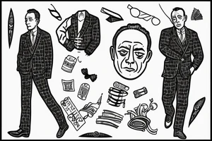 Albert Camus wearing a jacket and tie and walking on a beach tattoo idea