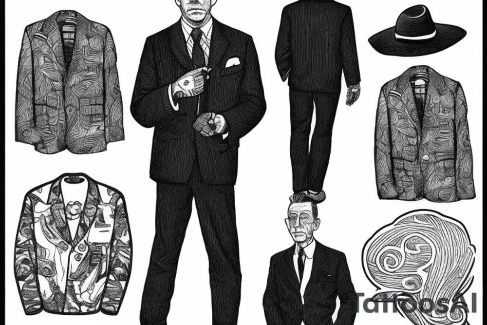 Albert Camus wearing a jacket and tie and walking on a beach tattoo idea