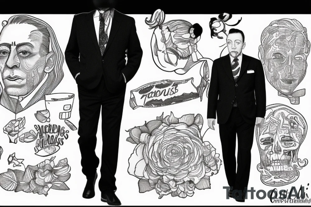 Albert Camus wearing a jacket and tie and walking on a beach tattoo idea