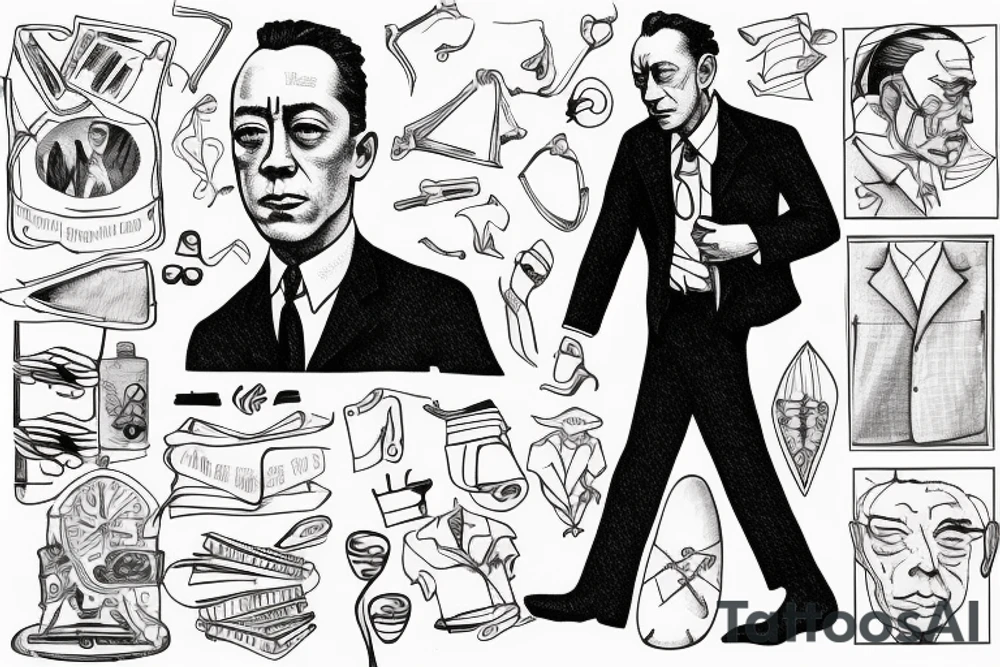 Albert Camus wearing a jacket and tie and walking on a beach tattoo idea