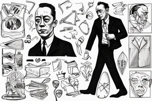 Albert Camus wearing a jacket and tie and walking on a beach tattoo idea