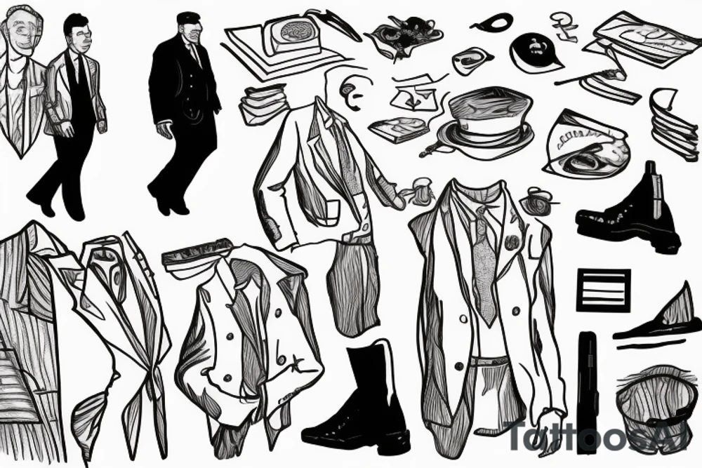 Albert Camus wearing a jacket and tie and walking on a beach tattoo idea