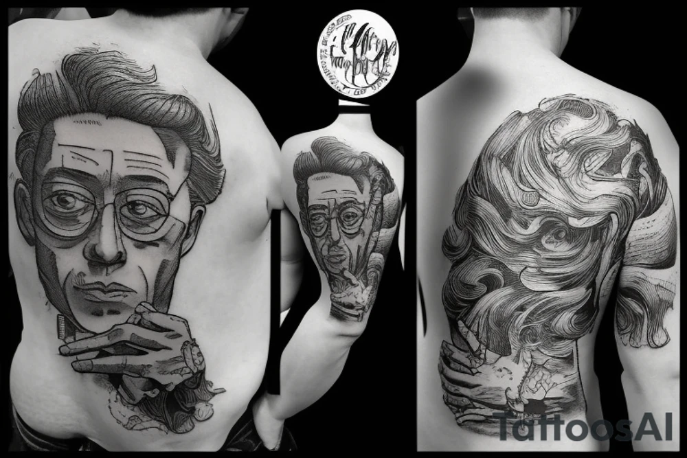 Albert Camus wearing a jacket and tie and walking on a beach tattoo idea