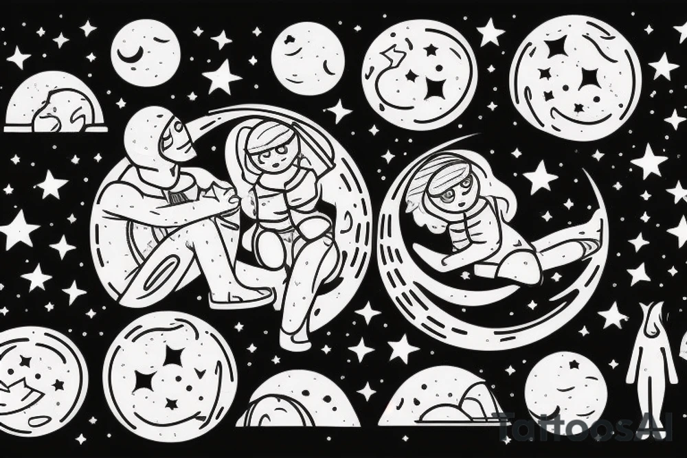 A father and daughter sitting on the moon among stars tattoo idea