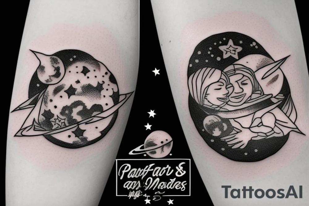A father and daughter sitting on the moon among stars tattoo idea