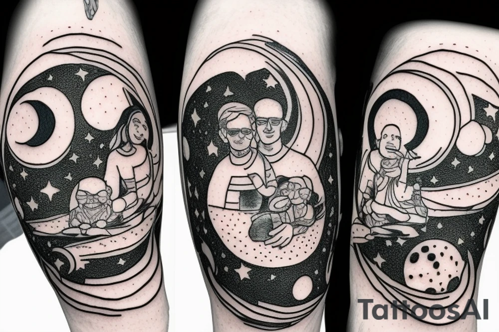 A father and daughter sitting on the moon among stars tattoo idea