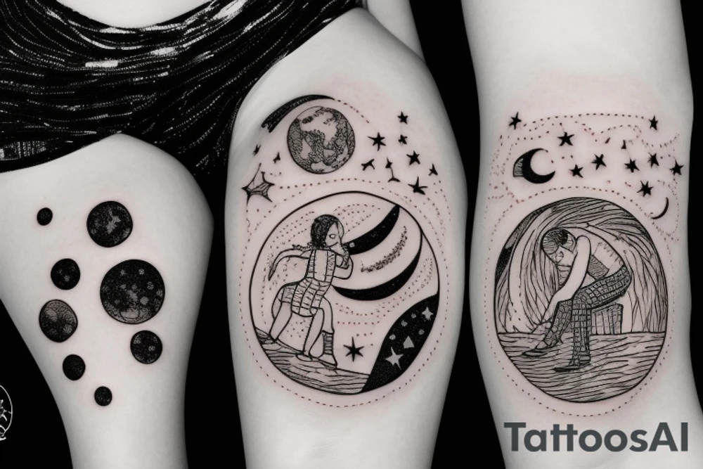 A father and daughter sitting on the moon among stars tattoo idea