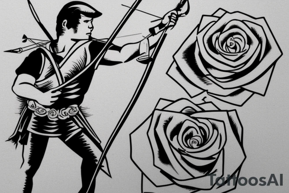 An archer pulling a rose from his quiver and taking aim at a king. tattoo idea