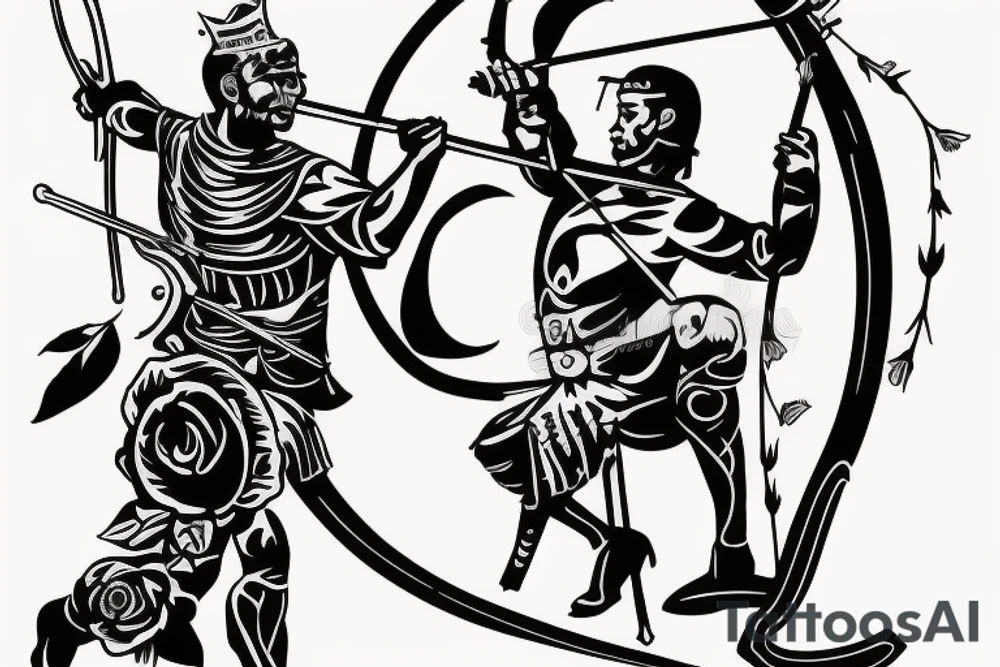 An archer pulling a rose from his quiver and taking aim at a king. tattoo idea