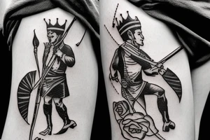 An archer pulling a rose from his quiver and taking aim at an absurd king. tattoo idea