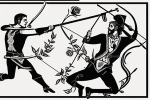 An archer pulling a rose from his quiver and taking aim at an absurd king. tattoo idea