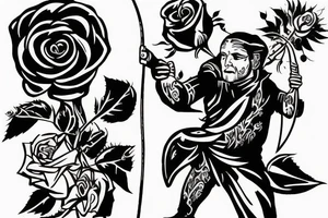 An archer pulling a rose from his quiver and taking aim at an absurd king. tattoo idea