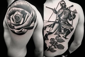 An archer pulling a rose from his quiver and taking aim at an absurd king. tattoo idea