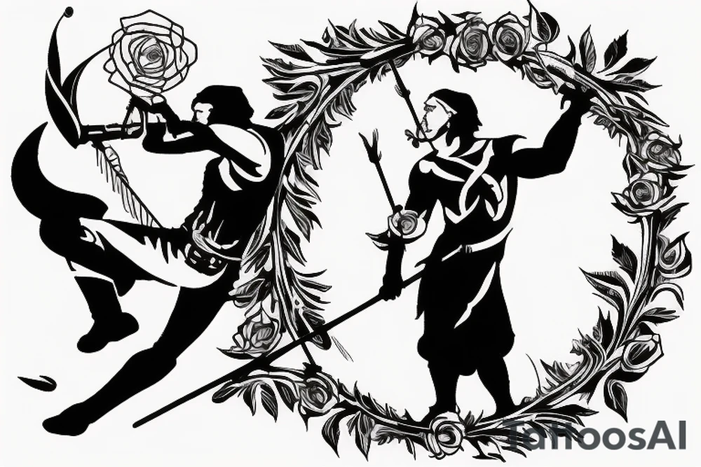 An archer pulling a rose from his quiver and taking aim at an absurd king. tattoo idea