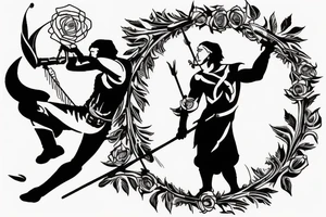 An archer pulling a rose from his quiver and taking aim at an absurd king. tattoo idea