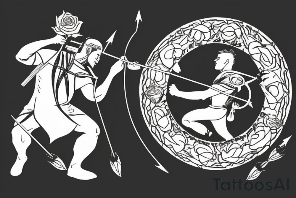 An archer pulling a rose from his quiver and taking aim at an absurd king. tattoo idea