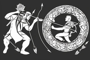 An archer pulling a rose from his quiver and taking aim at an absurd king. tattoo idea