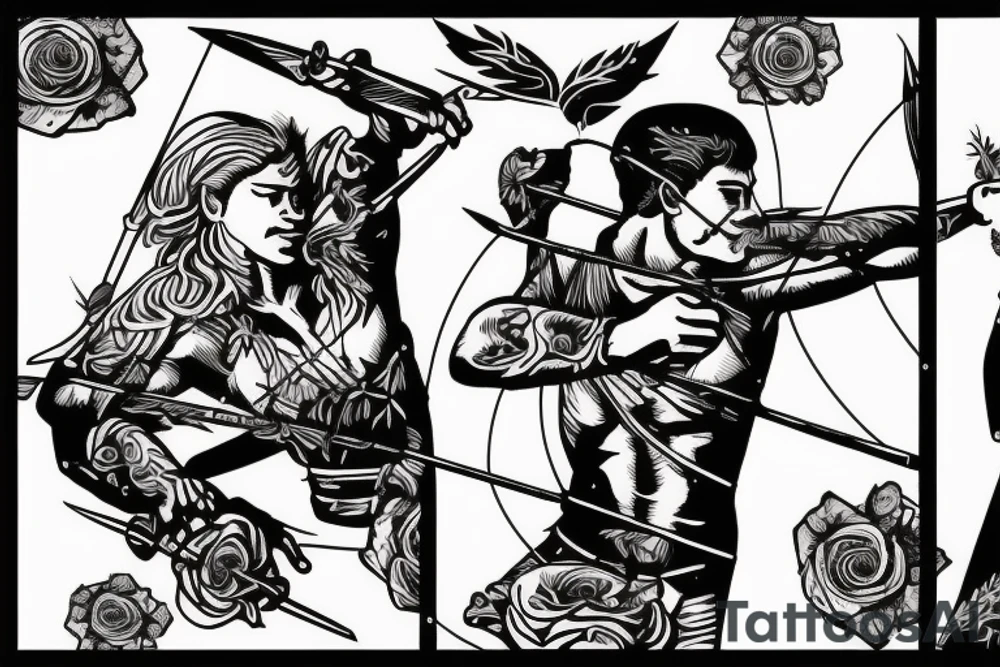 An archer pulling a rose from his quiver and taking aim at an absurd king. tattoo idea