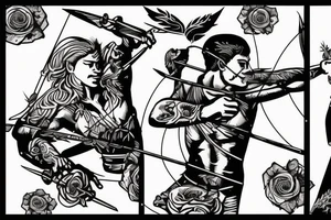 An archer pulling a rose from his quiver and taking aim at an absurd king. tattoo idea