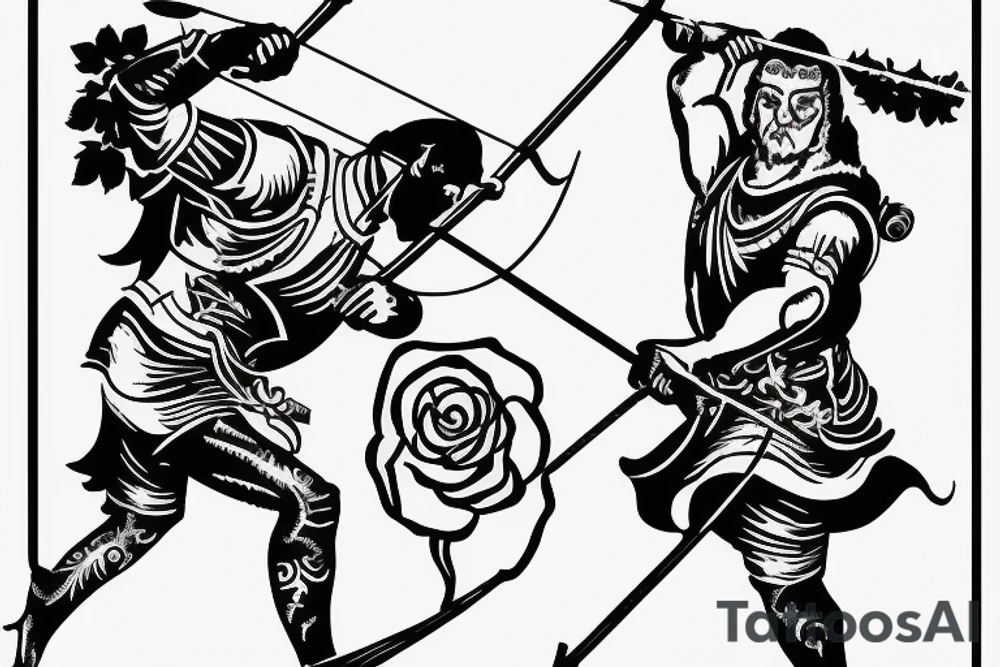 An archer pulling a rose from his quiver and taking aim at an absurd king. tattoo idea