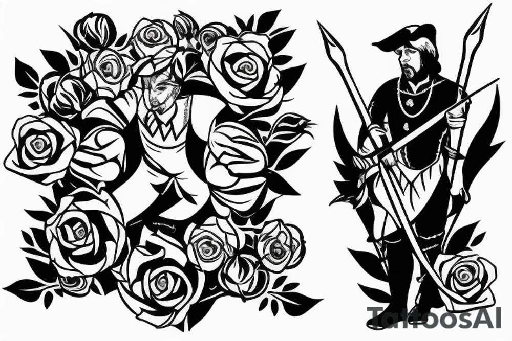 An archer with roses in his quiver takeing aim at an absurd king. tattoo idea