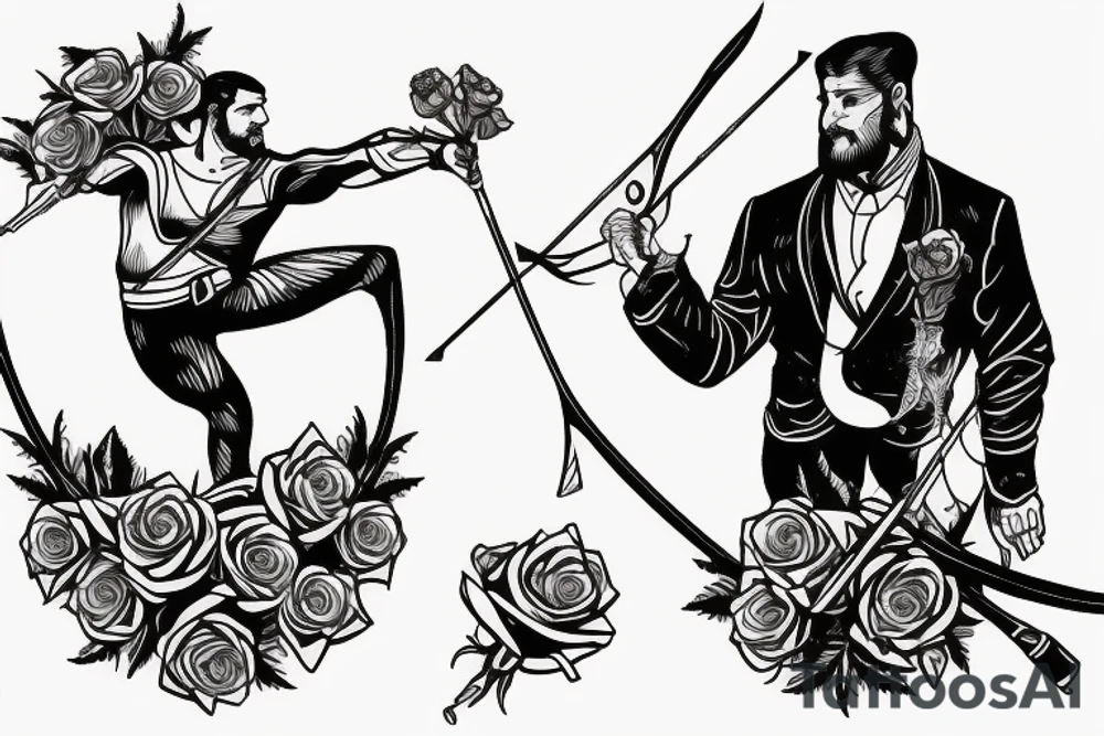 An archer with roses in his quiver takeing aim at an absurd king. tattoo idea