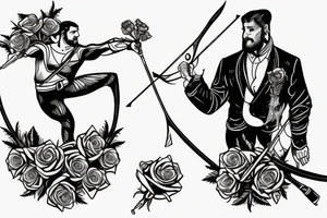 An archer with roses in his quiver takeing aim at an absurd king. tattoo idea