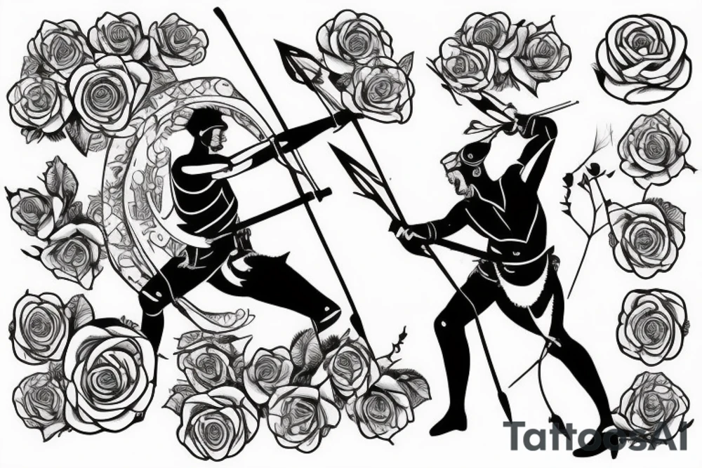 An archer with roses in his quiver takeing aim at an absurd king. tattoo idea