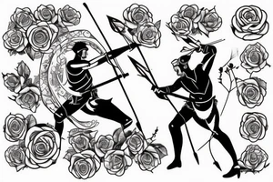 An archer with roses in his quiver takeing aim at an absurd king. tattoo idea