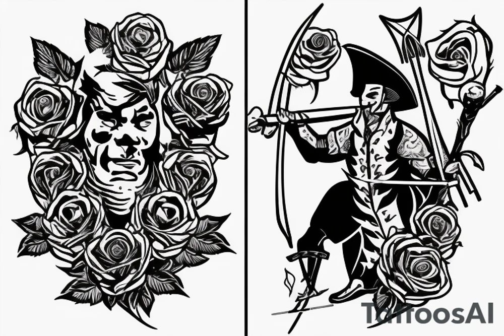 An archer with roses in his quiver takeing aim at an absurd king. tattoo idea