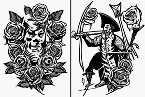 An archer with roses in his quiver takeing aim at an absurd king. tattoo idea