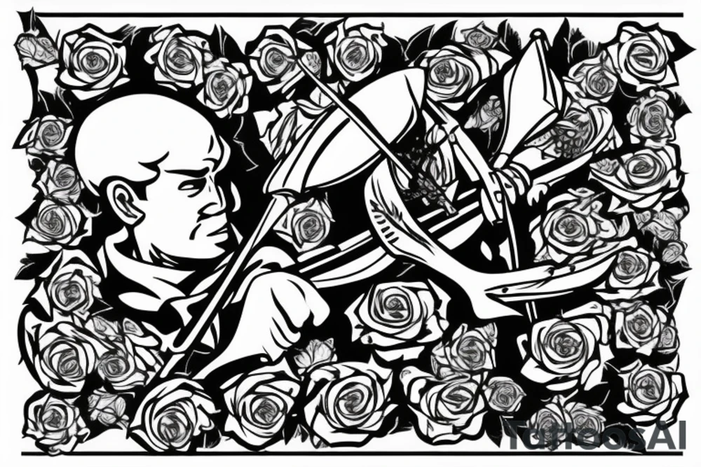 An archer with roses in his quiver taking aim at an absurd king. tattoo idea