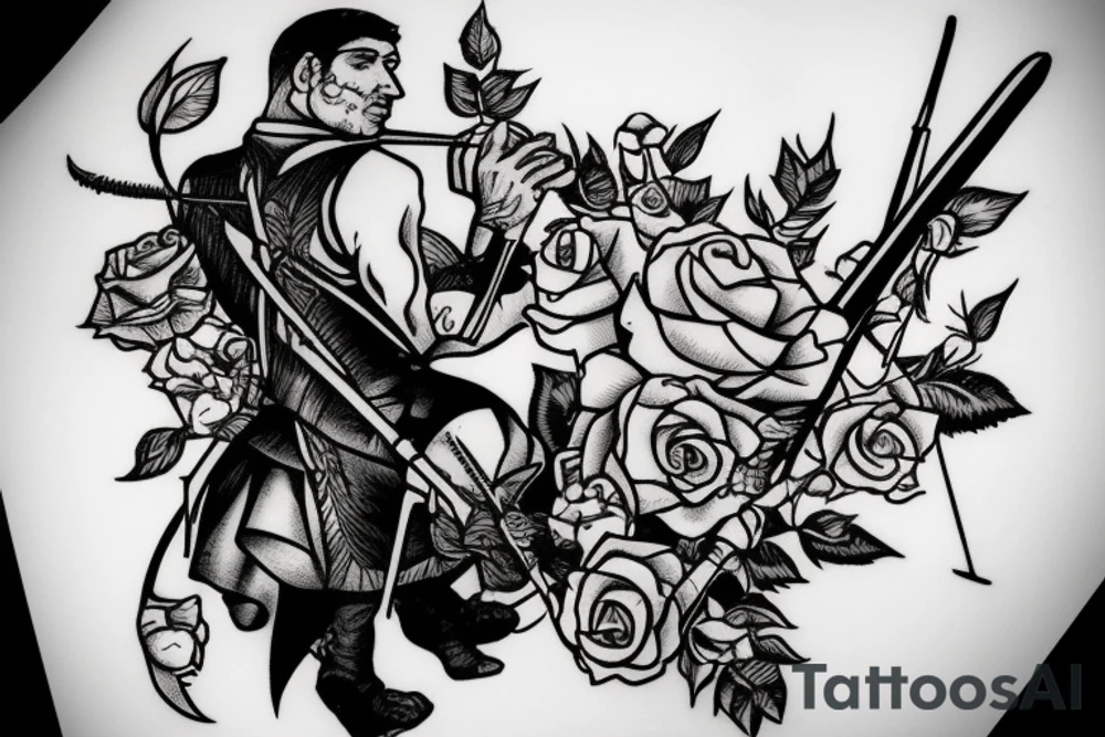 An archer with roses in his quiver taking aim at an absurd king. tattoo idea