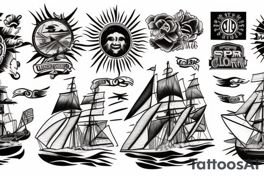 Clipper Ship with sun behind and sun rays tattoo idea